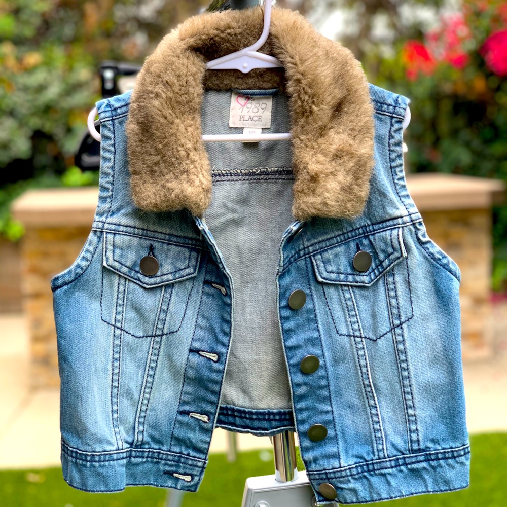 Denim Vest with Faux Fur Trim, Size 10/12